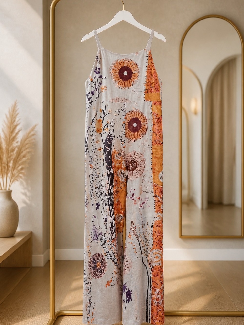 Floral Boho Wide-Leg Linen Jumpsuit in Cream & Orange
